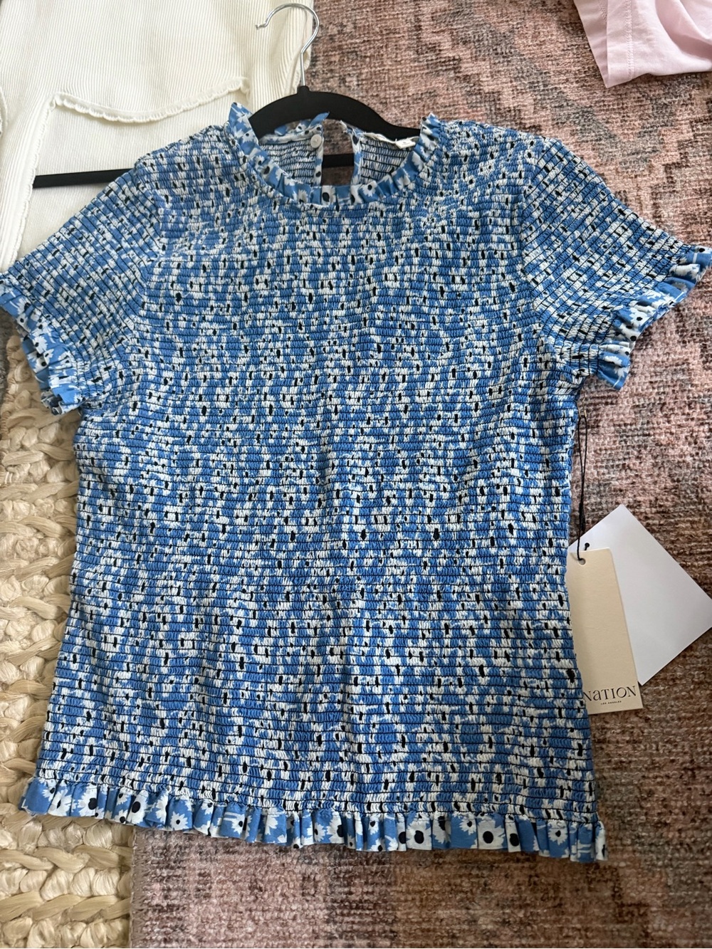 Nation LTD Blue Smocked Short-Sleeve Ruffle Top